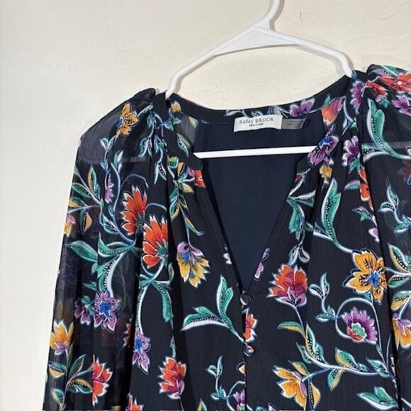 Ramy Brook Shirt Womens XS Navy Multicolor Floral Sheer Chiffon Ruffle Top - Picture 2 of 8